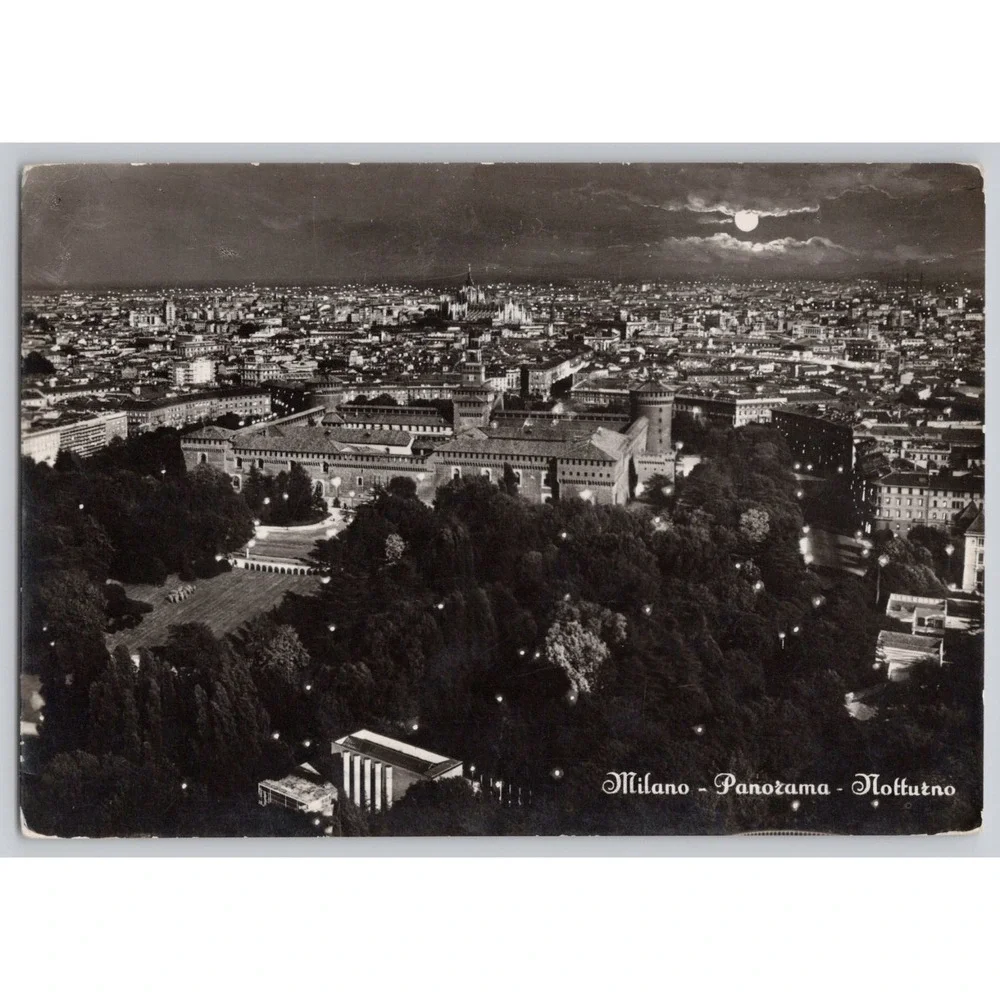 Milan Italy Nighttime Panorama of City with Fullmoon‎ in Clouds c1955 RPPC